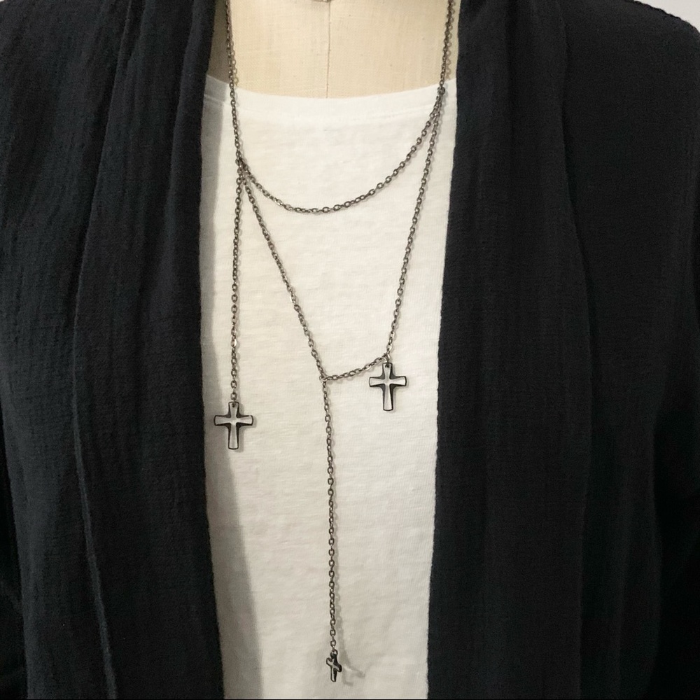 Gunmetal Multi Layer Asymmetrical Cross Necklace